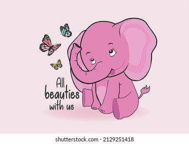 pink elephant with butterflies design text and cute panda drawing design for fashion graphics, t shirt prints, posters, stickers etc


