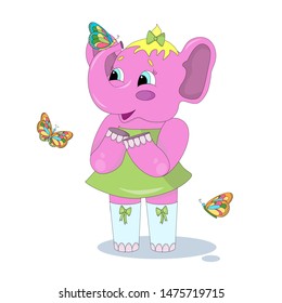 Pink elephant with butterflies in a green dress with a green bow