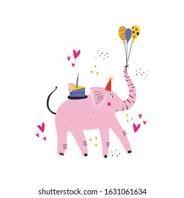 Pink elephant with cake flat vector illustration