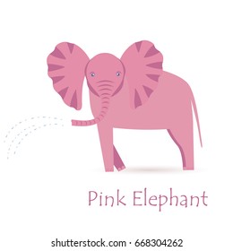  Pink Elephant Calf Isolated on White with the Caption Showering Water Through its Trunk. Made in Flat Style. Vector EPS 10 
