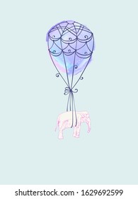 Pink elephant flies tied on air balloon, Vector sketch, Hand drawn illustration