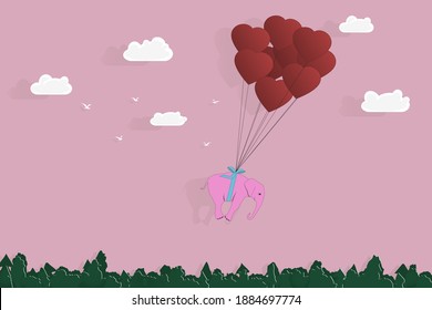 pink elephant flying with heart shaped balloons, love concept for gift