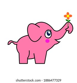 The pink elephant holding and giving pink flower isolated on white background, Symbol of congratulation, Cartoons and graphics for Love and Valentine's Day