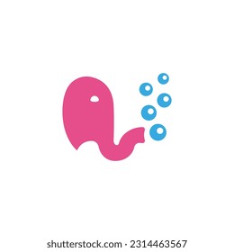 The pink elephant lets out soap bubbles from his trunk.