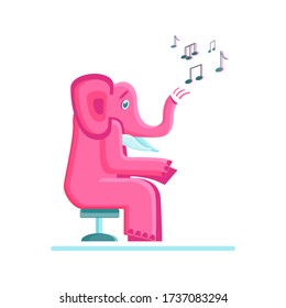 Pink Elephant And Musical Notes. The Animal Sits On A Chair And Sings A Song. A Flat Vector On A White Background.