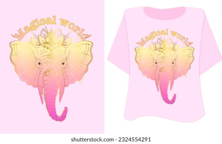 Pink Elephant mystical world hippie element illustration print with groovy slogan for man - woman graphic tee t shirt or sticker poster -vector