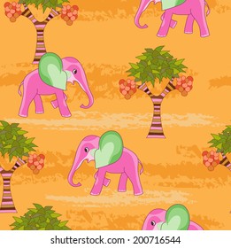Pink elephant on orange seamless