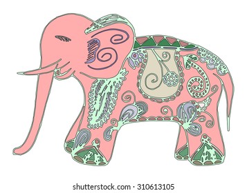 Pink elephant painted with a decorative pattern. Can be used for cards. EPS 8