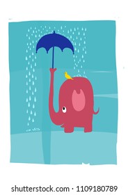 A pink elephant protecting a bird from the rain with an umbrella. Vector illustration