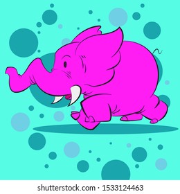 Pink elephant running and hoping on blue polkadot background