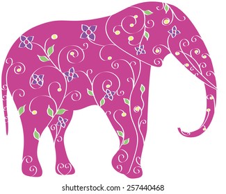 Pink elephant swirl illustration, vector, flowers