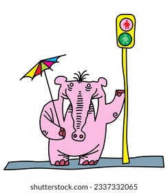 A pink elephant under an umbrella is waiting for a green traffic light signal.