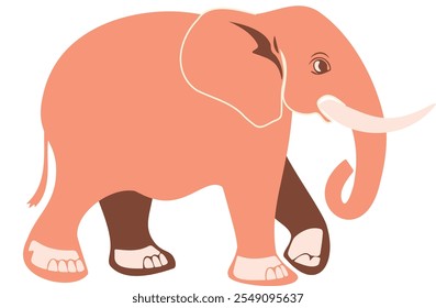 A pink elephant walking on a white background. The elephant is the main focus of the image and it is happy and content