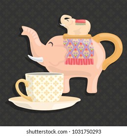 Pink elephants thai ceramic pot and cup filigree decoration vector illustration