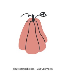 Pink elongated pumpkin or gourd illustration with black stem, leaf, and curly vine in flat hand-drawn style on white background
