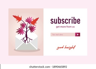 Pink email subscription design with marihuana bush. Online newsletter template with cannabis cones, address box, subscribing button. Hemp and legal drug concept. Design for website illustration