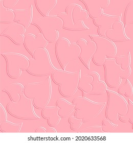 Pink Embossed 3d Love Hearts seamless pattern. Surface relief 3d love ornaments with embossing effect. Embossed 3d background. Textured elegance design with volume love hearts. Vector endless texture.