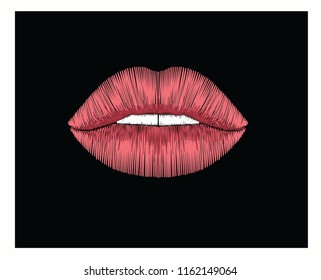 pink embroidery lips Decorative pattern lips stylized texture of embroidery, imitation of ornamental satin stitch. Vector pattern for printing on fabric, clothes, t-shirt.