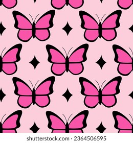 Pink emo seamless pattern with butterflies and stars. Y2k. Black and pink. Retro style of the 2000s. 