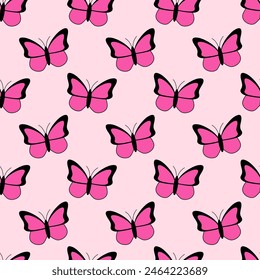 Pink emo seamless pattern with butterflies. Y2k. Black and pink. Retro style of the 2000s.