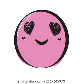 Pink emoji face with heart-shaped eyes and a cheerful smile, hand-drawn style on a white background. Concept of love, joy, and positive emotions. Vector illustration