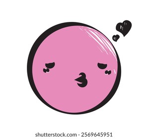 Pink emoticon with a cute expression blowing heart-shaped kisses, cartoon style, isolated on white background. Concept of love, affection, and emotions. Vector illustration