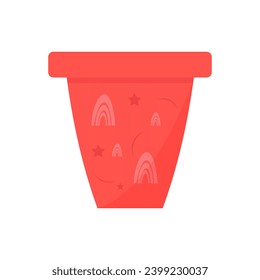 Pink empty flower pot with abstract decor in the form of rainbows and stars. EPS 10 vector illustration isolated on white background.