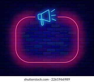 Pink empty frame with megaphone neon. Idea and news concept. Space for text. Shiny simple banner. Creative design. Glowing marketing flyer. Luminous advertising label. Vector stock illustration