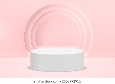 Pink empty interior with podium. 3d vector illustration