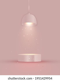 Pink empty pedestal mockup with lamp, light on a pink background.  Concept for cosmetic or product display podium.Winner  stage.