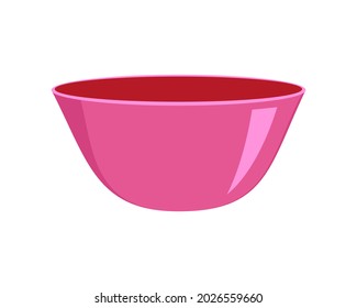 Plástico rosa vacío o tazón de cerámica aislado sobre fondo blanco. Vajilla limpia para sopa, ensalada o cereales. Ilustración de dibujos animados.