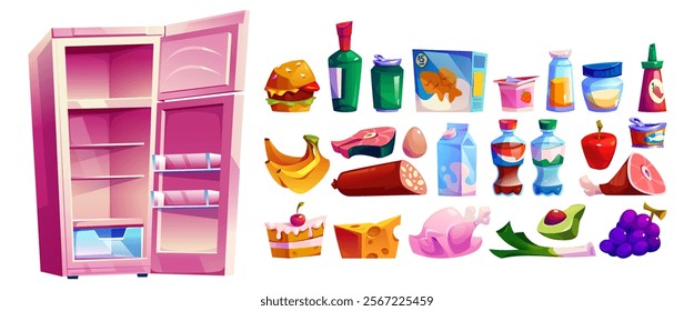Pink empty refrigerator with separate food icons - meat and fish, fruits and vegetables, drinks and dairy products, canned goods and desserts. Game design elements for casual cooking or kitchen.