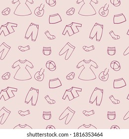 Pink endless pattern with drawings of clothes for girls. Seamless background for sewing clothes, textiles, book covers, Wallpaper in a clothing store. Doodle Dresses, skirts and pants drawn by hand