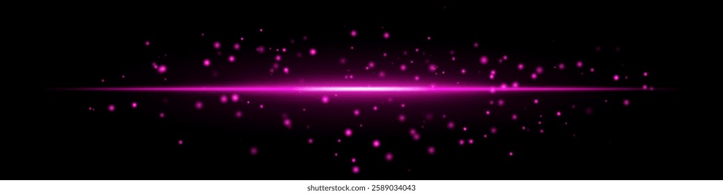 Pink energy flare with glowing particles bright horizontal beam on a dark background. The scattered light dots futuristic, high-tech effect, sci-fi, digital visuals, abstract light compositions