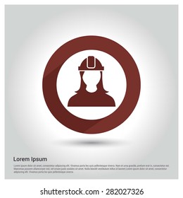 Pink Engineer lady Icon, Circle Long shadow pictogram icon on gray background.