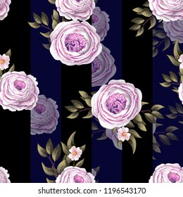 Pink English roses seamless pattern on a blue background. 