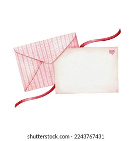 Pink envelope with blank paper in watercolor style. Love letter for Valentines day.