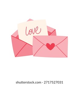 A pink envelope contains a note with the word "love" and a small Valentine's Day heart. This scene demonstrates a simple, warm gesture of affection and care.