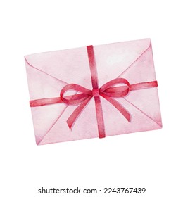 Pink envelope decorated with pink ribbon bow. Love letter for Valentines day.