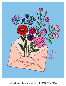 Pink envelope with flowers. Vector birthday greeting card.
