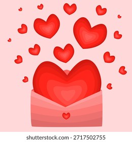 Pink envelope with flying red hearts. Romantic vector illustration of a love letter for Valentine's Day.