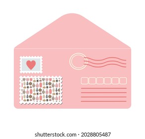 Pink envelope front in flat style decorated with postage stamps and seals. Cute romantic love letter post vector illustration isolated on white background. 