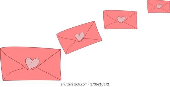 pink envelope with a heart. envelopes flying away into the distance. isolated on white. vector.