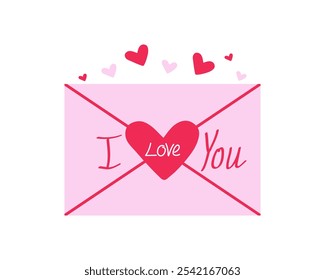 Pink envelope with heart and inscription I love you. Valentine, holiday card, love letter. Hand-drawn inscription. Valentine's Day.