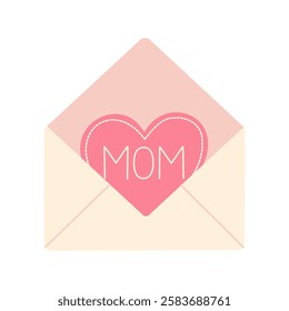 A pink envelope with a heart on it and the word Mom written on it. The envelope is open, revealing the heart and the word