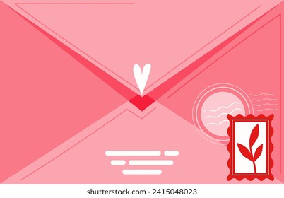 Pink envelope with heart seal and postage stamp vector illustration. Love letter, romantic correspondence concept.