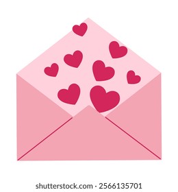 A pink envelope with hearts on it. The hearts are scattered all over the envelope, and the envelope is open