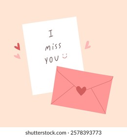 Pink envelope with "I miss you" card for Valentine's day. Concept of love letter or mail. Element for Valentine decoration and greeting card. Flat vector illustration.