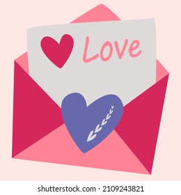 Pink envelope with a letter and the inscription love. Valentine card. Vector symbols of love. valentine's day. A series of postcards in the boho style.