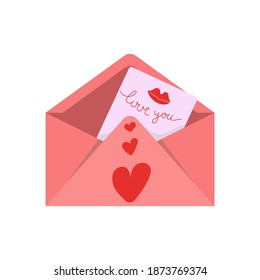 pink envelope with a letter with the words I love you and a heart. Valentines day concept. Flat illustration.